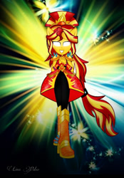Size: 828x1189 | Tagged: safe, artist:mira.veike, sunset shimmer, human, equestria girls, g4, boots, crystal guardian, glowing, glowing eyes, high heel boots, shoes, solo