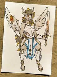 Size: 2344x3206 | Tagged: safe, artist:cmdraj, oc, oc:crossfire, hybrid, pegabat, anthro, armor, fire magic, flying, high res, solo, sword, traditional art, weapon