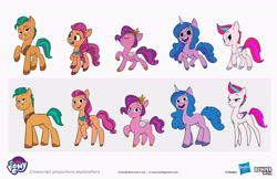 Size: 2083x1349 | Tagged: safe, artist:claudio naccari, boulder media, hitch trailblazer, izzy moonbow, pipp petals, sunny starscout, zipp storm, earth pony, pegasus, pony, unicorn, g5, my little pony: tell your tale, official, boulder media logo, chubby, concept art, female, hasbro, hasbro logo, height difference, logo, male, mane five (g5), mare, my little pony logo, physique difference, pipp is short, simple background, slim, stallion, text, thin, white background