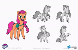 Size: 2083x1349 | Tagged: safe, artist:claudio naccari, boulder media, sunny starscout, earth pony, pony, g5, my little pony: tell your tale, official, boulder media logo, concave belly, concept art, female, hasbro, hasbro logo, logo, mare, my little pony logo, simple background, slim, text, thin, white background