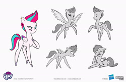 Size: 2083x1349 | Tagged: safe, artist:claudio naccari, boulder media, zipp storm, pegasus, pony, g5, my little pony: tell your tale, official, boulder media logo, concave belly, concept art, ear piercing, earring, female, hasbro, hasbro logo, jewelry, logo, mare, my little pony logo, piercing, simple background, slim, text, thin, white background
