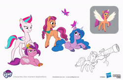 Size: 2083x1349 | Tagged: safe, artist:claudio naccari, boulder media, izzy moonbow, pipp petals, sunny starscout, zipp storm, alicorn, butterfly, earth pony, pegasus, pony, unicorn, g5, my little pony: tell your tale, official, alicornified, boulder media logo, concept art, female, hasbro, hasbro logo, logo, mare, my little pony logo, pipp petals is not amused, race swap, simple background, telescope, text, unamused, white background