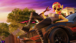 Size: 3840x2160 | Tagged: safe, artist:shadowboltsfm, sunset shimmer, anthro, plantigrade anthro, g4, 3d, 4k, aviator sunglasses, blender, boots, breasts, car, crepuscular rays, electric guitar, eyelashes, female, guitar, high heels, high res, looking at you, musical instrument, not sfm, platform boots, platform heels, shoes, smiling, solo, sunglasses, wedge heel
