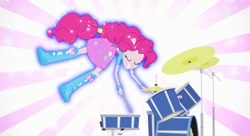 Size: 1212x659 | Tagged: safe, screencap, pinkie pie, human, equestria girls, g4, my little pony equestria girls: rainbow rocks, pinkie on the one, boots, clothes, drum kit, drums, drumsticks, eyes closed, floating, glowing, musical instrument, ponied up, shirt, shoes, skirt, smiling, solo, sparkles, sunburst background, youtube link