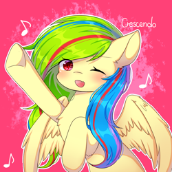 Size: 1000x1000 | Tagged: safe, artist:dddreamdraw, oc, oc only, pegasus, pony, female, looking at you, mare, music notes, one eye closed, open mouth, simple background, solo, wings