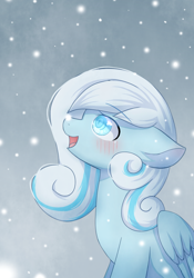 Size: 700x1000 | Tagged: dead source, safe, artist:dddreamdraw, oc, oc only, oc:snowdrop, pegasus, pony, 2021, blushing, female, looking up, open mouth, snow, snowfall, solo, wings