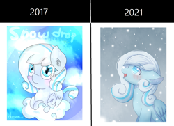 Size: 1843x1335 | Tagged: safe, artist:dddreamdraw, oc, oc only, oc:snowdrop, pegasus, pony, 2017, 2021, art progress, blushing, comparison, draw this again, female, looking up, open mouth, redraw, wings