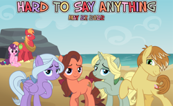 Size: 2064x1273 | Tagged: safe, artist:not-yet-a-brony, big macintosh, dear darling, feather bangs, fond feather, sugar belle, swoon song, earth pony, pegasus, pony, unicorn, g4, hard to say anything, 2022, beach, bimbettes, episode reference, feather bangs gets all the mares, featherbimbettes, female, lucky bastard, male, mare, may, ocean, ship:sugarmac, shipping, stallion, straight, water, youtube link in the description
