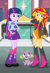 Size: 256x373 | Tagged: artist needed, source needed, safe, spike, sunset shimmer, twilight sparkle, dog, human, equestria girls, g4, boots, clothes, high heel boots, jacket, shirt, shoes, skirt, spike the dog