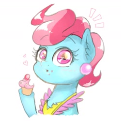 Size: 1595x1596 | Tagged: safe, artist:phoenixrk49, cup cake, earth pony, pony, g4, clothes, cupcake, eating, emanata, eye reflection, female, food, heart, looking at you, mare, raised hoof, reflection, simple background, solo, white background