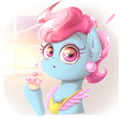 Size: 1651x1599 | Tagged: safe, artist:phoenixrk49, cup cake, earth pony, pony, g4, clothes, cupcake, eating, exclamation point, eye reflection, female, food, heart, looking at you, mare, raised hoof, reflection, simple background, solo, white background