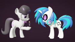 Size: 3840x2160 | Tagged: safe, artist:wissle, dj pon-3, octavia melody, vinyl scratch, earth pony, human, pony, unicorn, g4, 3d, blender, bowtie, crossover, female, figurine, fischl (genshin impact), genshin impact, happy, headphones, high res, holding, mare, simple background, smiling, vinyl's glasses