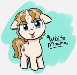 Size: 2118x2074 | Tagged: source needed, safe, artist:heretichesh, oc, oc only, oc:white mocha, pony, unicorn, :p, colored, colt, eye clipping through hair, floppy ears, foal, full body, high res, hooves, horn, looking at you, male, simple background, solo, standing, tail, tongue out, two toned mane, two toned tail, unicorn oc