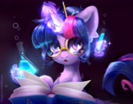 Size: 4096x3186 | Tagged: safe, artist:radioaxi, artist:wyvernthedragon, twilight sparkle, alicorn, pony, book, collaboration, cute, erlenmeyer flask, female, flask, glasses, glowing, glowing horn, hair bun, horn, levitation, magic, mare, pen, pencil, potion, round glasses, science, solo, telekinesis, test tube, twiabetes, twilight sparkle (alicorn)
