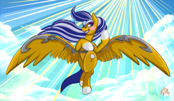 Size: 786x457 | Tagged: safe, artist:firehearttheinferno, oc, oc only, oc:vanity, oc:vanity angel, pegasus, pony, fallout equestria, fallout equestria: equestria the beautiful, antagonist, blade, blue eyes, blue mane, blue tail, blushing, braided tail, cloud, cloudy, concept art, concept for a fanfic, confident, crown, cutie mark, digital art, enclave, eyeshadow, fallout, fallout equestria oc, female, floating, flying, gliding, golden coat, graceful, grin, jewelry, large wings, lidded eyes, light rays, lipstick, makeup, mare, mirror, pose, pride, regalia, silver mane, sindicate seven, smiling, smug, smug smile, solo, straps, sunlight, tail, thighs, tiara, villainess, watermark, weapon, white hooves, windswept mane, wingblade, wings, wip, yellow coat