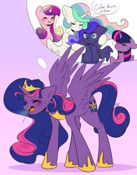 Size: 2297x2937 | Tagged: safe, artist:pledus, princess cadance, princess celestia, princess luna, twilight sparkle, oc, oc:queen galaxia (bigonionbean), alicorn, pony, g4, alicorn oc, blushing, commissioner:bigonionbean, cross-popping veins, crown, cutie mark, embarrassed, ethereal mane, ethereal tail, female, fusion, fusion:princess cadance, fusion:princess celestia, fusion:princess luna, fusion:twilight sparkle, high res, horn, horseshoes, hug, jewelry, mare, regalia, tail, thought bubble, traditional royal canterlot voice, twilight sparkle (alicorn), uneasy, wings, yelling