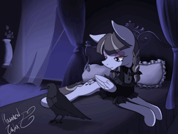 Size: 1280x960 | Tagged: safe, artist:hauntedtuba, inky rose, bird, pegasus, pony, raven (bird), g4, animated, bed, bedroom, braid, braided pigtails, cel shading, drapes, eye shimmer, eyeshadow, featured image, female, frown, gif, goth, gothic lolita, grooming, indoors, lidded eyes, lolita fashion, looking at something, lying down, makeup, mare, pigtails, preening, prone, rain, shading, solo, wind, window, wings