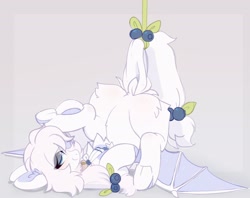 Size: 2048x1625 | Tagged: safe, artist:little-sketches, oc, oc only, oc:afina rye, bat pony, bat pony oc, butt, butt fluff, chest fluff, choker, collar, commission, cute, featureless crotch, looking at you, lying down, on back, plot, smiling, solo, spread wings, tied up, upside down, wings, your character here