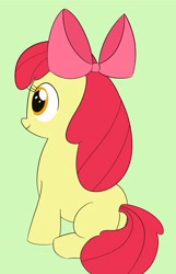 Size: 2449x3798 | Tagged: safe, artist:toryu137, apple bloom, earth pony, pony, g4, apple bloom's bow, bow, female, filly, foal, green background, hair bow, high res, simple background, sitting, smiling, solo, tail