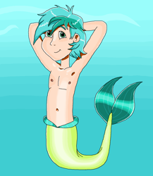 Size: 1112x1279 | Tagged: safe, artist:ocean lover, sandbar, human, merboy, merman, g4, arm behind head, bare shoulders, belly button, chest, cute, fins, green eyes, handsome, human coloration, humanized, looking up, male, mermanized, mermay, sandabetes, shiny skin, smiling, solo, tail, tail fin, teenager