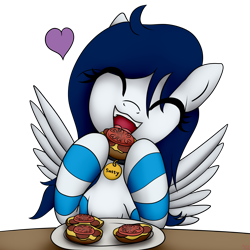 Size: 4000x4000 | Tagged: safe, artist:littlenaughtypony, oc, oc:sassysvczka, pegasus, pony, bread, cheese, clothes, collar, cute, drool, eating, enjoying, eye clipping through hair, eyes closed, female, food, happy, heart, long mane, mane, mare, meat, open mouth, open smile, pegasus oc, pepper, pet tag, ponies eating meat, salami, salivating, salt, sandwich, simple background, sitting, sliced cheese, smiling, socks, solo, spread wings, stockings, striped socks, table, teeth, thigh highs, tomato, transparent background, wings