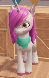 Size: 350x560 | Tagged: safe, primrose (g5), pony, unicorn, g5, my little pony: a maretime bay adventure, clothes, cropped, female, game screencap, hair over one eye, mare, scarf, solo