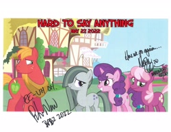 Size: 3296x2544 | Tagged: safe, artist:not-yet-a-brony, big macintosh, cheerilee, marble pie, sugar belle, earth pony, pony, unicorn, g4, hard to say anything, 2022, autograph, awkward, babscon 2022, embarrassed, episode reference, fanart, female, friends, friendship, high res, husband and wife, male, mare, may, nicole oliver, peter new, scanned, ship:sugarmac, shipping, stallion, straight, uh oh, youtube link in the description