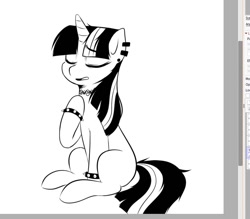 Size: 926x810 | Tagged: safe, artist:makaryo, twilight sparkle, pony, unicorn, g4, black and white, choker, ear piercing, emo, eyes closed, grayscale, lineart, monochrome, piercing, solo, spiked wristband, unicorn twilight, wip, wristband