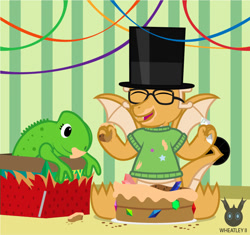 Size: 827x778 | Tagged: safe, artist:wheatley r.h., derpibooru exclusive, oc, oc only, oc:myoozik the dragon, chameleon, dragon, birthday, cake, clothes, dragon oc, food, gem, gemstones, happy, hat, male, plushie, present, solo, spread wings, top hat, toy, vector, watermark, wings