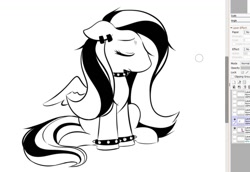 Size: 1180x812 | Tagged: safe, artist:makaryo, fluttershy, pegasus, pony, g4, black and white, choker, chokershy, ear piercing, emo, emoshy, eyes closed, grayscale, lineart, monochrome, piercing, solo, spiked choker, spiked wristband, wip, wristband