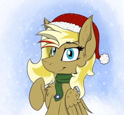 Size: 1125x1046 | Tagged: safe, artist:dangercloseart, oc, oc only, oc:kitty hawk, pegasus, pony, beautiful, blue background, blue eyes, christmas, clothes, cute, emblem, female, hat, holiday, looking at you, mane, mare, pegasus oc, santa hat, scarf, simple background, smiling, snow, snowflake, solo