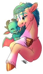 Size: 946x1608 | Tagged: safe, artist:malinraf1615, hitch trailblazer, sparky sparkeroni, dragon, earth pony, pony, g5, my little pony: make your mark, baby, baby dragon, chest fluff, cute, duo, eyes closed, father and child, father and son, grin, hitchbetes, hug, male, markings, one eye closed, papa hitch, simple background, smiling, sparkybetes, stallion, unshorn fetlocks, white background, wink