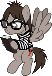Size: 853x1252 | Tagged: safe, artist:lightningbolt, derpibooru exclusive, pegasus, pony, g4, .svg available, book, clothes, fanfic, glasses, hoof hold, jewelry, looking down, male, mikey way, my chemical romance, necklace, ponified, shirt, show accurate, simple background, smiling, solo, spread wings, stallion, svg, transparent background, vector, wings
