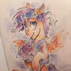 Size: 2048x2048 | Tagged: safe, artist:regenbogen, scootaloo, pegasus, pony, a canterlot wedding, g4, blushing, bouquet, bridesmaid dress, clothes, cute, cutealoo, dress, female, filly, flower, foal, high res, hoof hold, solo, spread wings, traditional art, wings