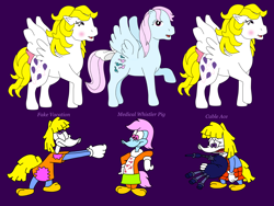 Size: 2048x1536 | Tagged: safe, artist:warnerbrother65, surprise, wind whistler, bird, pegasus, pony, woodpecker, anthro, g1, adoraprise, bagpipes, birdified, cable ace, clothes, cute, episodes, fake vacation, female, male, mare, medical winnie pig, musical instrument, parody, pony to woodpecker, purple background, simple background, skirt, species swap, the new my little pony show, the new woody woodpecker show, whistlerbetes, winnie woodpecker, woodpeckerified, woody woodpecker