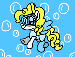 Size: 1024x768 | Tagged: safe, artist:danielthebrony57, surprise, pegasus, pony, g1, g4, adoraprise, blue wings, bubble, clothes, cute, dive mask, diving, female, flippers (gear), g1 to g4, generation leap, goggles, mare, purple eyes, scuba diver, shoo be doo, smiling, solo, summer, swimsuit, tail, underwater, underwater surprise, wings, yellow hair, yellow mane, yellow tail