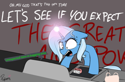 Size: 3075x2030 | Tagged: safe, artist:pinkberry, trixie, pony, unicorn, g4, angry, colored, colored sketch, cross-popping veins, great and powerful, high res, hooves on the table, imminent explosion, leaning on table, magic, rage, relatable, self-checkout, shopping, solo, this will end in explosions, yelling