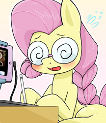 Size: 640x740 | Tagged: safe, alternate version, artist:batipin, oc, oc only, oc:sharing kindness, pony, blushing, drawing tablet, female, glasses, hoof hold, mare, not fluttershy, open mouth, open smile, smiling, solo, swirly glasses, tablet, tablet pen