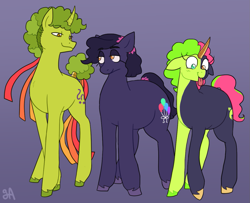 Size: 1227x998 | Tagged: safe, artist:greenarsonist, oc, oc only, oc:jesse wisecracker, oc:jumping jack⤴, oc:party popper🎊, earth pony, pony, unicorn, :p, chubby, dyed hair, dyed mane, dyed tail, earth pony oc, family, hair accessory, heterochromia, horn, looking at each other, looking at someone, male, nonbinary, prosthetic horn, prosthetics, stallion, tail, tongue out, two toned mane, two toned tail, unicorn oc, unshorn fetlocks