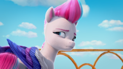 Size: 1366x768 | Tagged: safe, screencap, zipp storm, pegasus, pony, g5, make your mark, my little pony: make your mark, spoiler:my little pony: make your mark, 3d, day, female, mare, png, solo, unamused, zipp storm is not amused