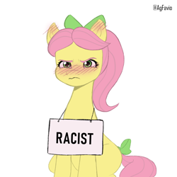 Size: 1414x1414 | Tagged: safe, artist:agfavio, posey bloom, earth pony, pony, g5, my little pony: make your mark, angry, blushing, bow, ear blush, female, hair bow, mare, pony shaming, ponytail, posey bloom is not amused, sign, tail, tail bow, unamused