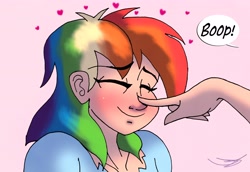 Size: 4096x2817 | Tagged: safe, artist:ringteam, fluttershy, rainbow dash, human, g4, boop, cute, dashabetes, eyes closed, female, floating heart, heart, humanized, lesbian, offscreen character, pink background, ship:flutterdash, shipping, simple background