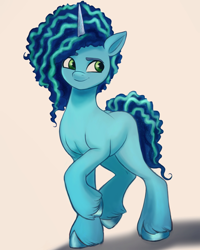 Size: 1420x1774 | Tagged: safe, artist:sallylla, misty brightdawn, pony, unicorn, g5, my little pony: make your mark, spoiler:g5, spoiler:my little pony: make your mark, curly hair, dyed mane, eyebrows, female, frizzy hair, full body, hooves, mare, raised hoof, simple background, smiling, solo, unshorn fetlocks, walking