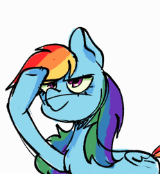 Size: 500x540 | Tagged: safe, artist:kreeeeeez, rainbow dash, pegasus, pony, g4, :p, animated, april fools, colored, female, folded wings, gif, loop, mare, mlem, multicolored hair, pixel art, r/place, rainbow dash salutes, reddit, salute, silly, simple background, solo, tongue out, unibrow, white background, wings