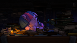 Size: 3840x2160 | Tagged: safe, artist:owlpirate, twilight sparkle, pony, unicorn, g4, 3d, 4k, book, candle, desk, eyes closed, female, floppy ears, high res, inkwell, magnifying glass, mare, quill, scroll, sleeping, solo, unicorn twilight