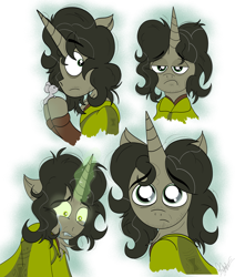 Size: 4749x5609 | Tagged: safe, artist:thepinkbirb, mouse, pony, unicorn, bruno madrigal, chest fluff, clothes, crying, curly hair, encanto, expressions, facial expressions, facial hair, glowing, glowing eyes, glowing horn, green eyes, horn, looking at you, looking back, looking down, puppy dog eyes, scared, simple background, surprised, unimpressed