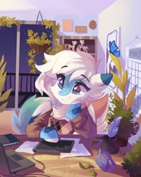 Size: 3275x4096 | Tagged: safe, artist:saxopi, oc, oc only, oc:michini, butterfly, pegasus, pony, argyle, balcony, calendar, clothes, computer, female, indoors, inkwell, laptop computer, leaves, mare, night, notebook, potted plant, quill, sky, smiling, solo, sweater, tablet