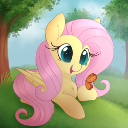 Size: 2000x2000 | Tagged: safe, artist:illusion, fluttershy, butterfly, insect, pegasus, pony, g4, chest fluff, cute, ear fluff, female, folded wings, happy, high res, looking at something, lying down, mare, nature, open mouth, open smile, outdoors, prone, resting, shyabetes, smiling, solo, tree, weapons-grade cute, wings