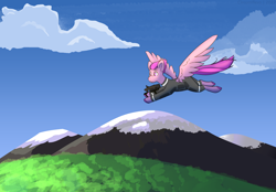Size: 4300x3000 | Tagged: safe, artist:circumflexs, oc, pegasus, pony, clothes, flying, solo, weapon
