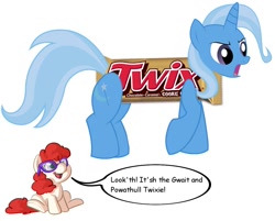 Size: 1190x958 | Tagged: safe, trixie, twist, earth pony, pony, candy, candy costume, clothes, costume, female, filly, foal, food, food costume, glasses, lisp, pun, simple background, speech bubble, text, twix, white background
